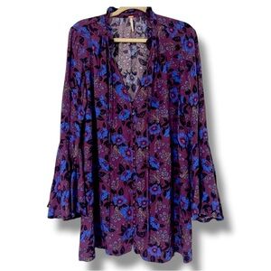 Free People Boho Tunic Purple Floral Pattern with Flared Sleeves Size S‎